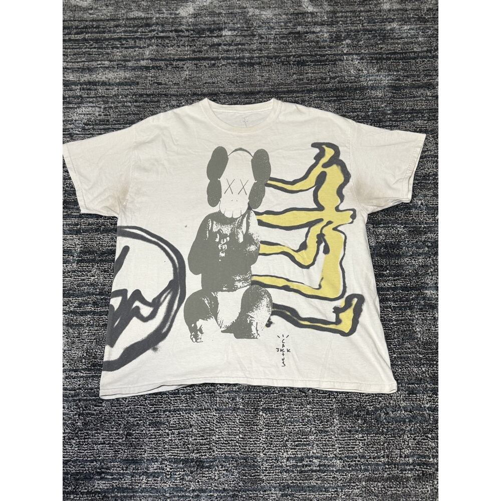 Cactus Jack TRAVIS SCOTT KAWS 2021 Double Sided White Beige T Shirt SIZE L